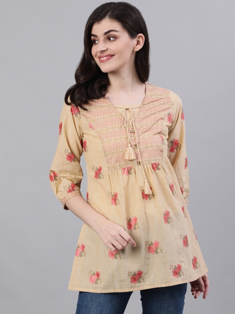 

Nayo Women Beige Printed A-Line Pure Cotton Top