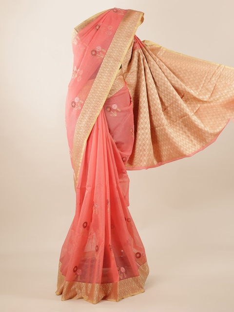 

Pothys Peach-Coloured & Cream-Coloured Cotton Blend Embroidered Saree