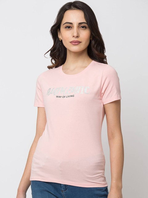 

SPYKAR Women Pink Printed Round Neck T-shirt