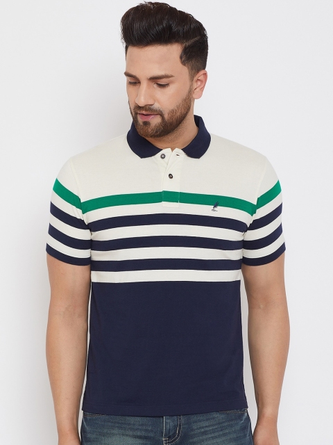 

HARBORNBAY Men Navy Blue Striped Polo Collar T-shirt