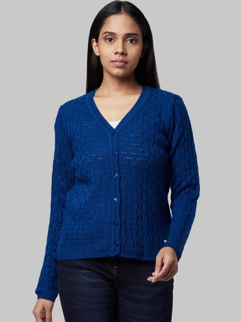 Park Avenue Woman Women Blue Self Design Cardigan Sweater