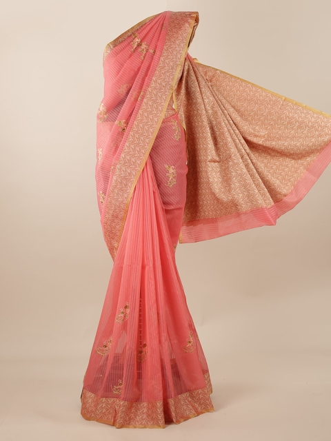 

Pothys Peach-Coloured Embroidered Cotton Blend Saree