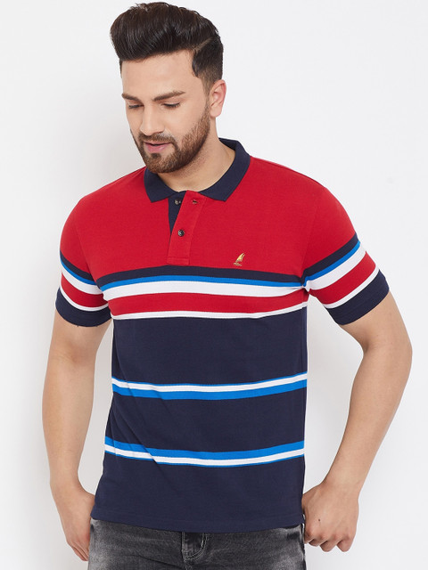 

HARBORNBAY Men Red & Navy Blue Striped Polo Collar T-shirt