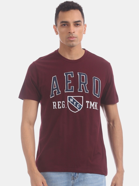 

Aeropostale Men Maroon Blue Brand Logo Print Pure Cotton T-shirt