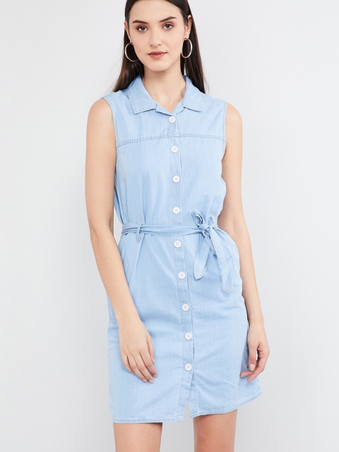 

max Women Blue Solid Cotton Shirt Dress