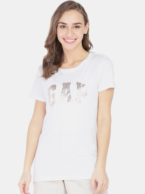 

GAP Women White Metallic Logo Short Sleeve Crew Neck T-Shirt