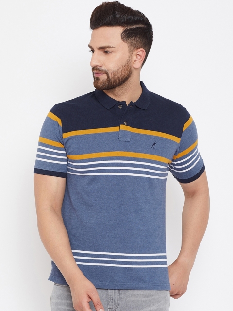 

HARBORNBAY Men Blue & White Striped Polo Collar T-shirt