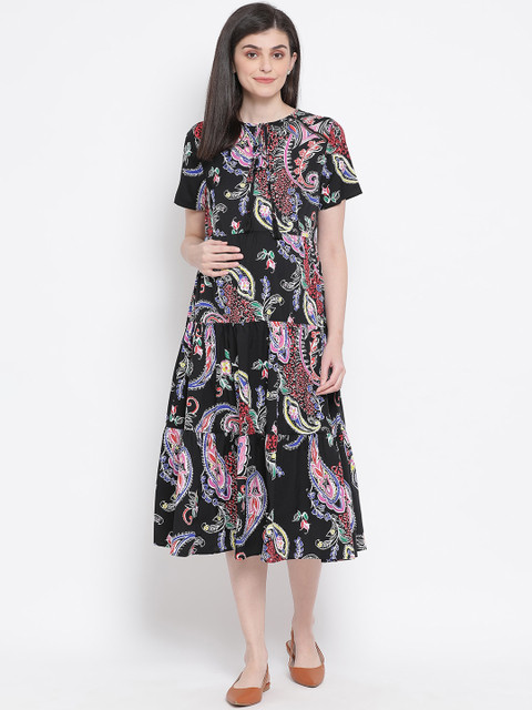 

Oxolloxo Women Black Printed A-Line Dress