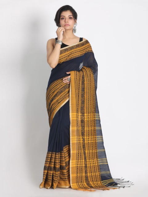 

Aryavart Navy Blue & Yellow Pure Cotton Solid Saree