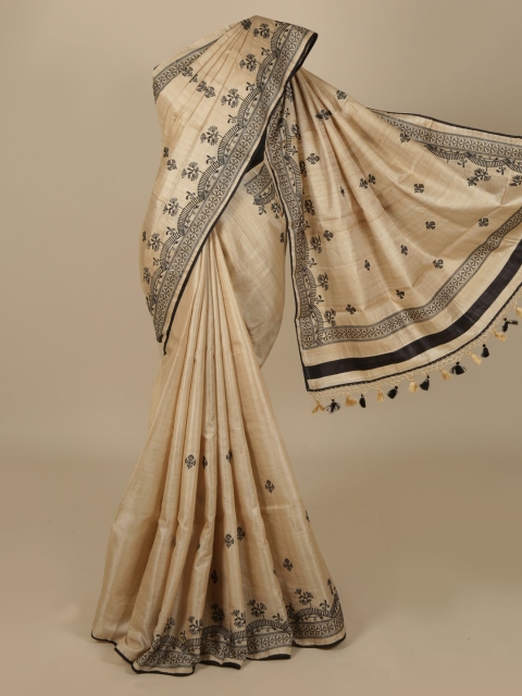 

Pothys Cream-Coloured & Black Jute Silk Embroidered Saree