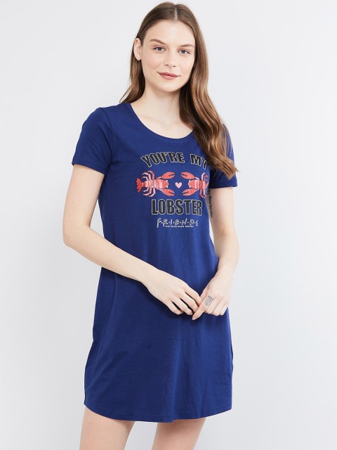 

max Women Navy Blue Printed Cotton Sleep Shirt
