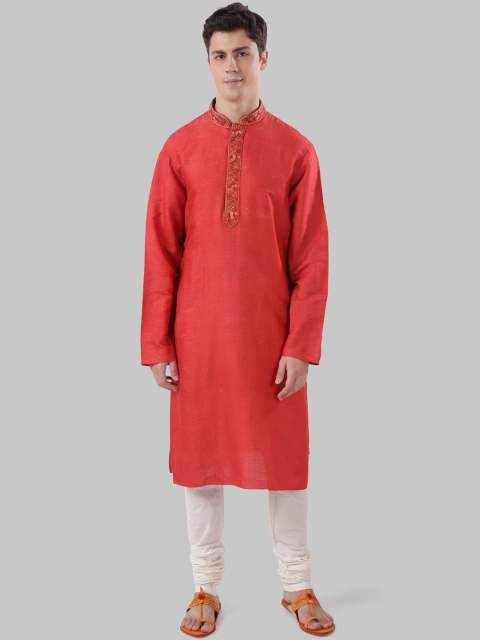 

Ethnix by Raymond Men Red Woven Design Straight Kurta
