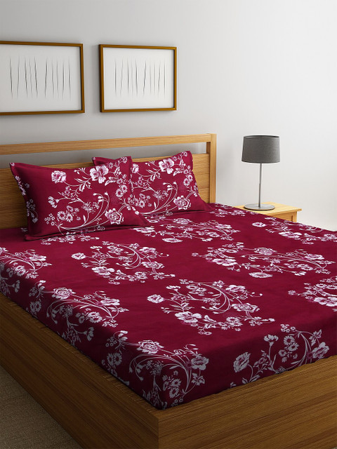 

NEUDIS Maroon & White Floral 180 TC Double Bedsheet With 2 Pillow Covers