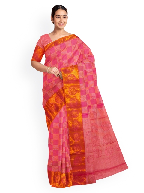 

KLM Fashion Mall Pink Checked Silk Blend Saree