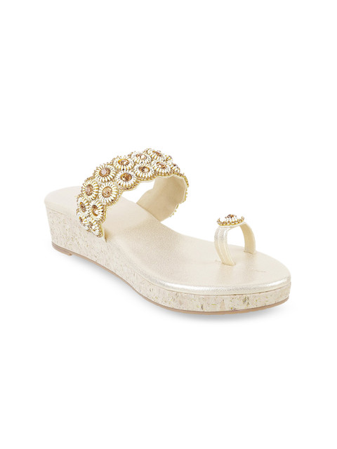 

Metro Women Gold-Toned & White Embellished Platform Heels