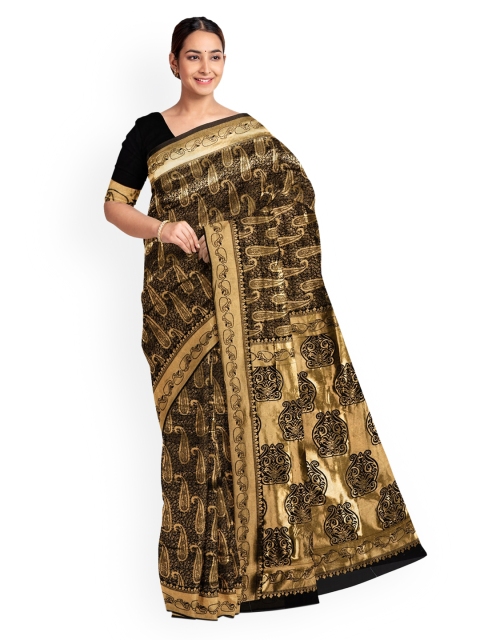 

KLM Fashion Mall Black & Gold-Toned Linen Blend Printed Saree