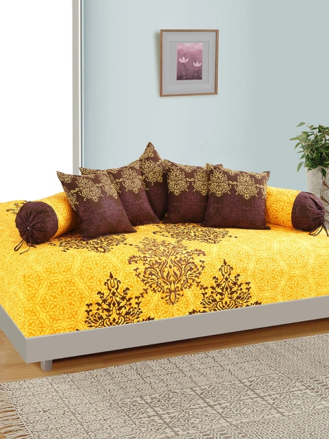 

Salona Bichona Set Of 8 Yellow & Brown Ethnic Motifs Printed Diwan Set
