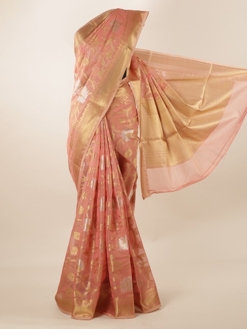 

Pothys Peach-Coloured & Gold-Toned Supernet Woven Design Saree