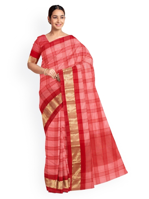 

KLM Fashion Mall Peach-Coloured Checked Silk Blend Saree