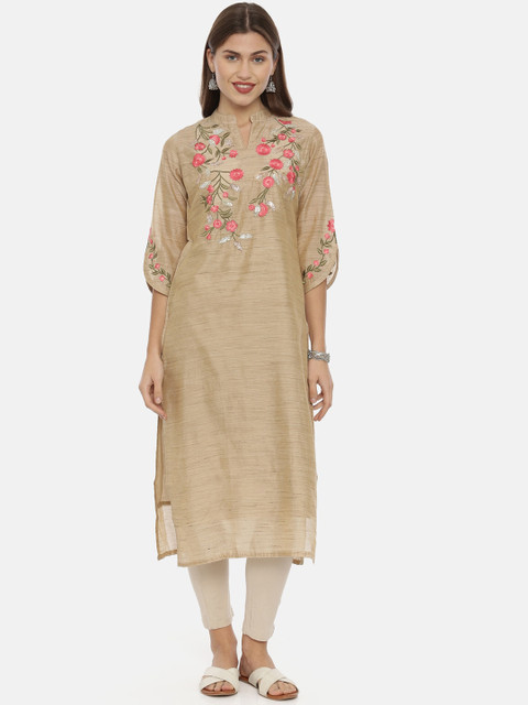 

Neerus Women Beige Embroidered Straight Kurta