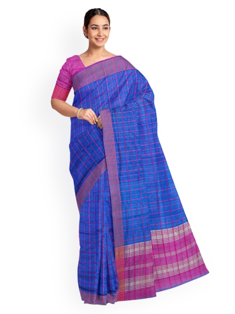 

KLM Fashion Mall Blue Checked Silk Blend Saree