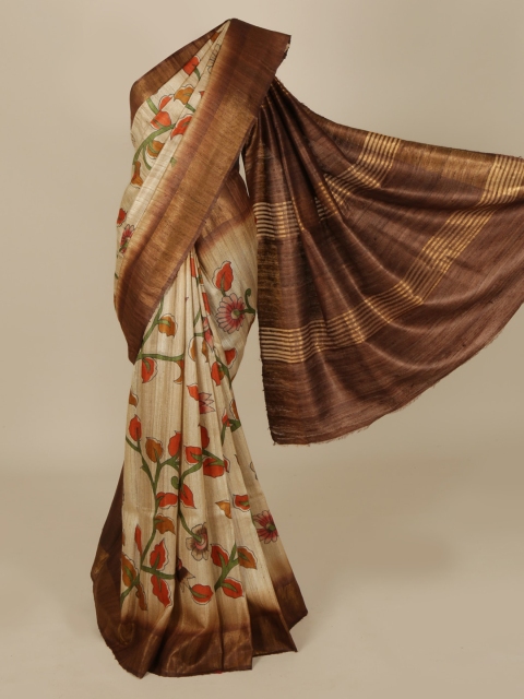 

Pothys Cream-Coloured & Brown Jute Silk Printed Saree