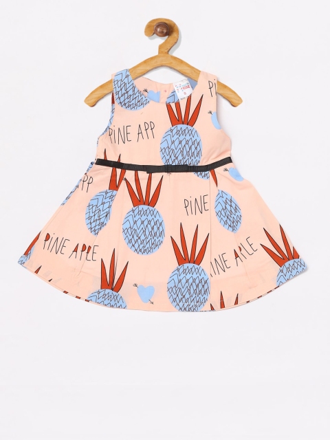 

NAUTI KIDZ Girls Peach-Coloured Printed Fit and Flare Dress