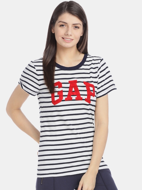 

GAP Women Blue Logo Stripe Crewneck T-Shirt