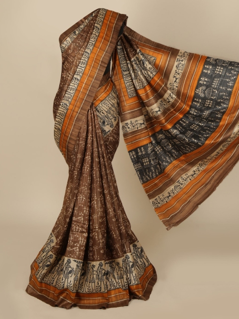 

Pothys Brown & Yellow Jute Silk Printed Saree