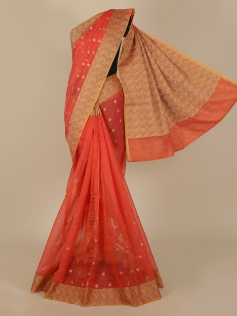 

Pothys Peach-Coloured Embroidered Cotton Blend Manipuri Saree