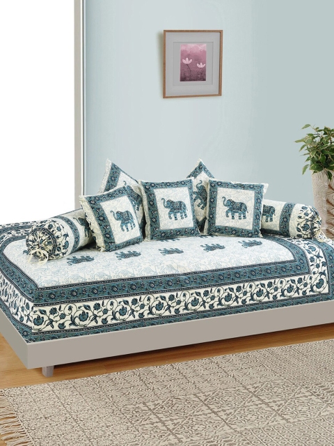 

Salona Bichona Set Of 8 Beige & Blue Ethnic Motifs Printed Cotton Diwan