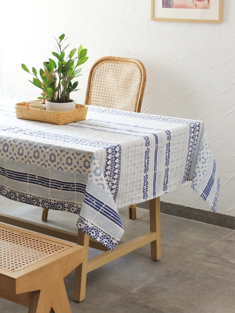 

House This Blue & Off-White Printed Valleri Cotton Rectangular Table Cover