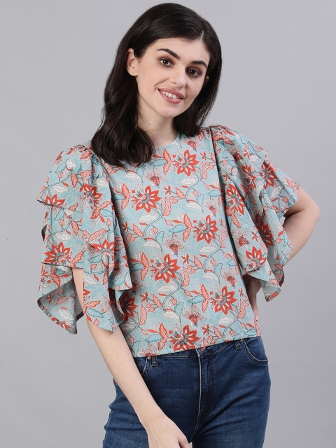 Nayo Women Grey & Orange Floral Printed Pure Cotton Top