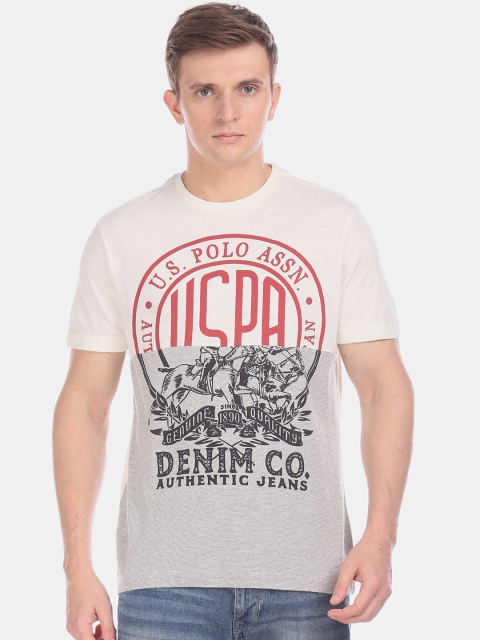 

U.S. Polo Assn. Men Off-White Printed Round Neck Pure Cotton T-shirt