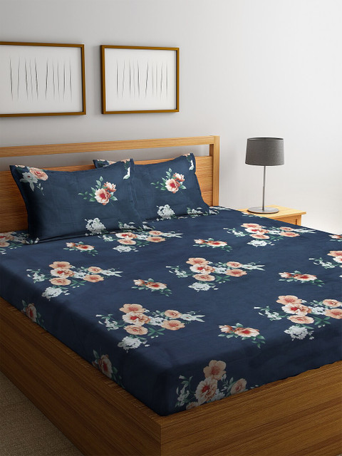 

NEUDIS Navy Blue & Orange Printed 180 TC Cotton Double King Bedsheet With 2 Pillow Covers