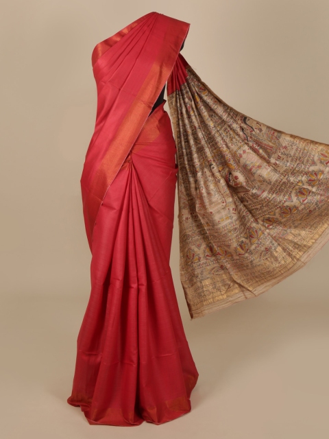 

Pothys Peach-Coloured & Cream-Coloured Jute Silk Solid Saree