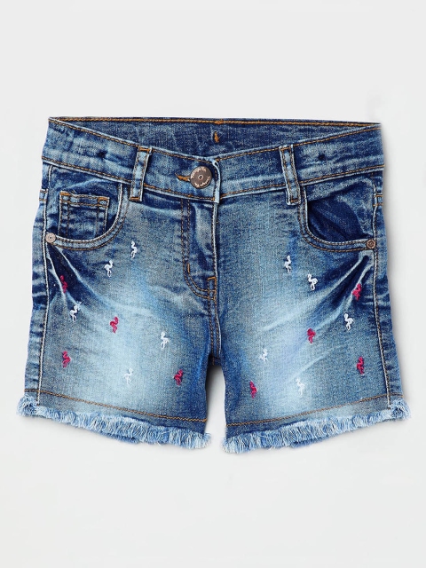 

max Girls Blue Washed Flamingo Embroidered Denim Shorts