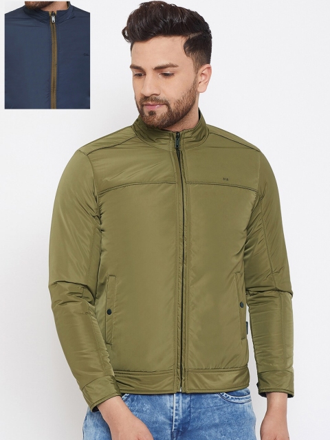 

Okane Men Olive Green & Navy Blue Solid Reversible Padded Jacket