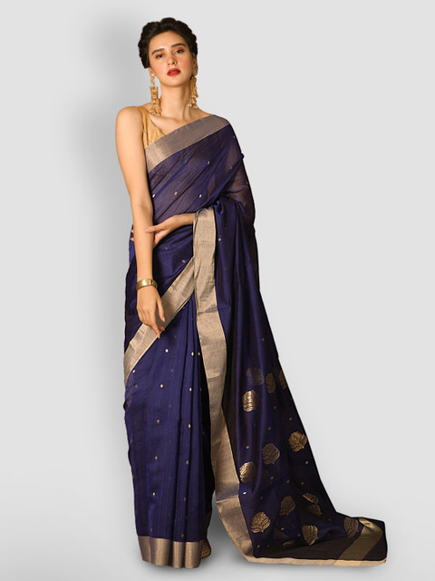 

Aryavart Navy Blue Silk Cotton Printed Chanderi Saree