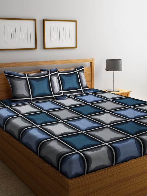 

NEUDIS Blue & Grey Geometric 180 TC 1 King Bedsheet With 2 Pillow Covers