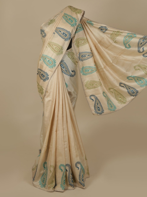 

Pothys Cream-Coloured & Blue Jute Silk Printed Saree