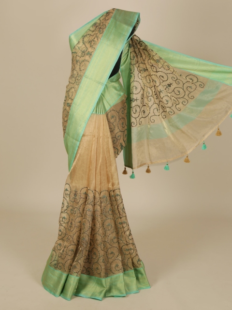 

Pothys Cream-Coloured & Green Organza Printed Saree