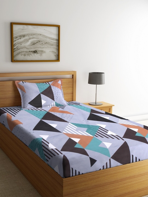 NEUDIS Grey & Green Geometric 180 TC Cotton 1 Single Bedsheet With 1 Pillow Cover