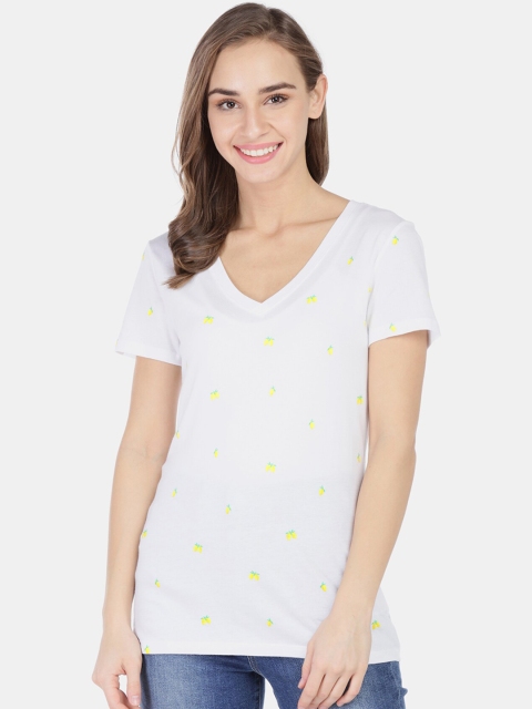 

GAP Women White & Yellow Printed V-Neck T-shirt