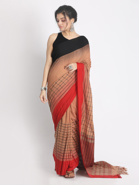 

Aryavart Brown Pure Cotton Checked Jamdani Saree