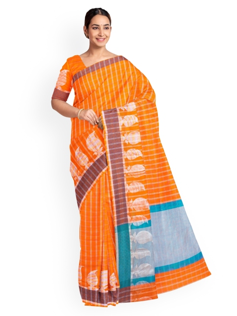 

KLM Fashion Mall Orange & Off-White Silk Blend Striped Saree