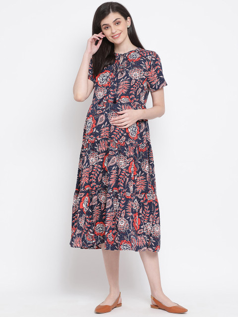 

Oxolloxo Women Navy Blue Printed Maternity Fit and Flare Dress