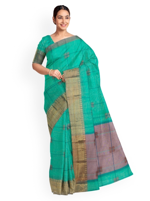 

KLM Fashion Mall Green Checked Cotton Blend Saree