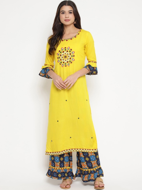 

Prakhya Women Yellow & Blue Embroidered Kurta with Palazzos