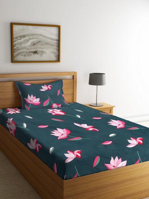 

NEUDIS Green & Pink Printed 180 TC Single Bedsheet With 1 Pillow Cover